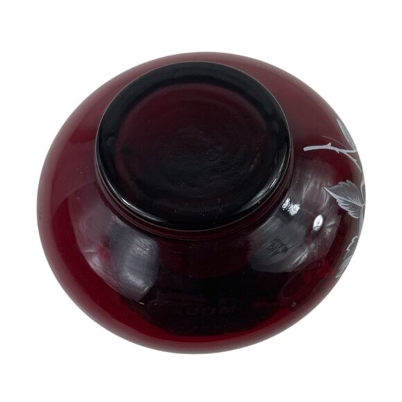 Vintage Anchor Hocking Ruby Red Glass Vase Ruffled Rim & Etched Floral Design - Picture 7 of 13